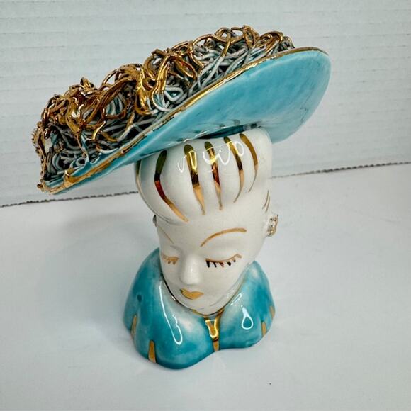 Vintage Lady Head Vase Turquoise Collectible - Picture 2 of 11